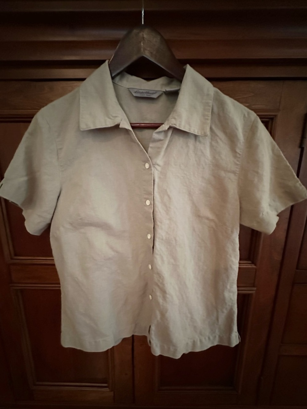 Eddie Bauer Women's Tan Short Sleeve Linen Cotton & Button Down Top Size M NWOT